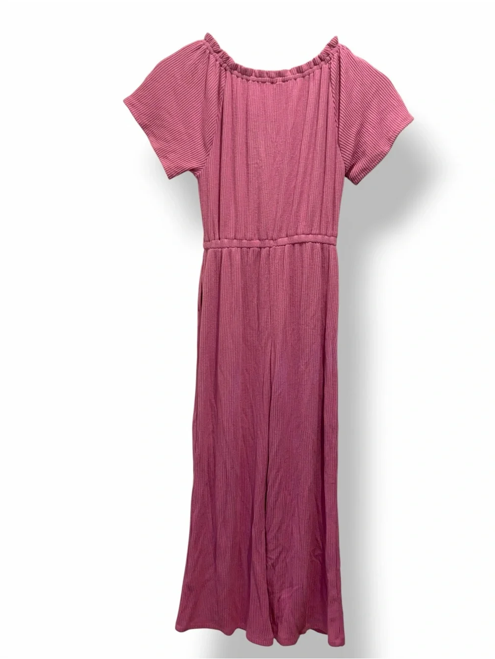 Pink Ribbed Wide Leg Jumpsuit Ruffle Neck Pockets Girls Sz 8 Medium